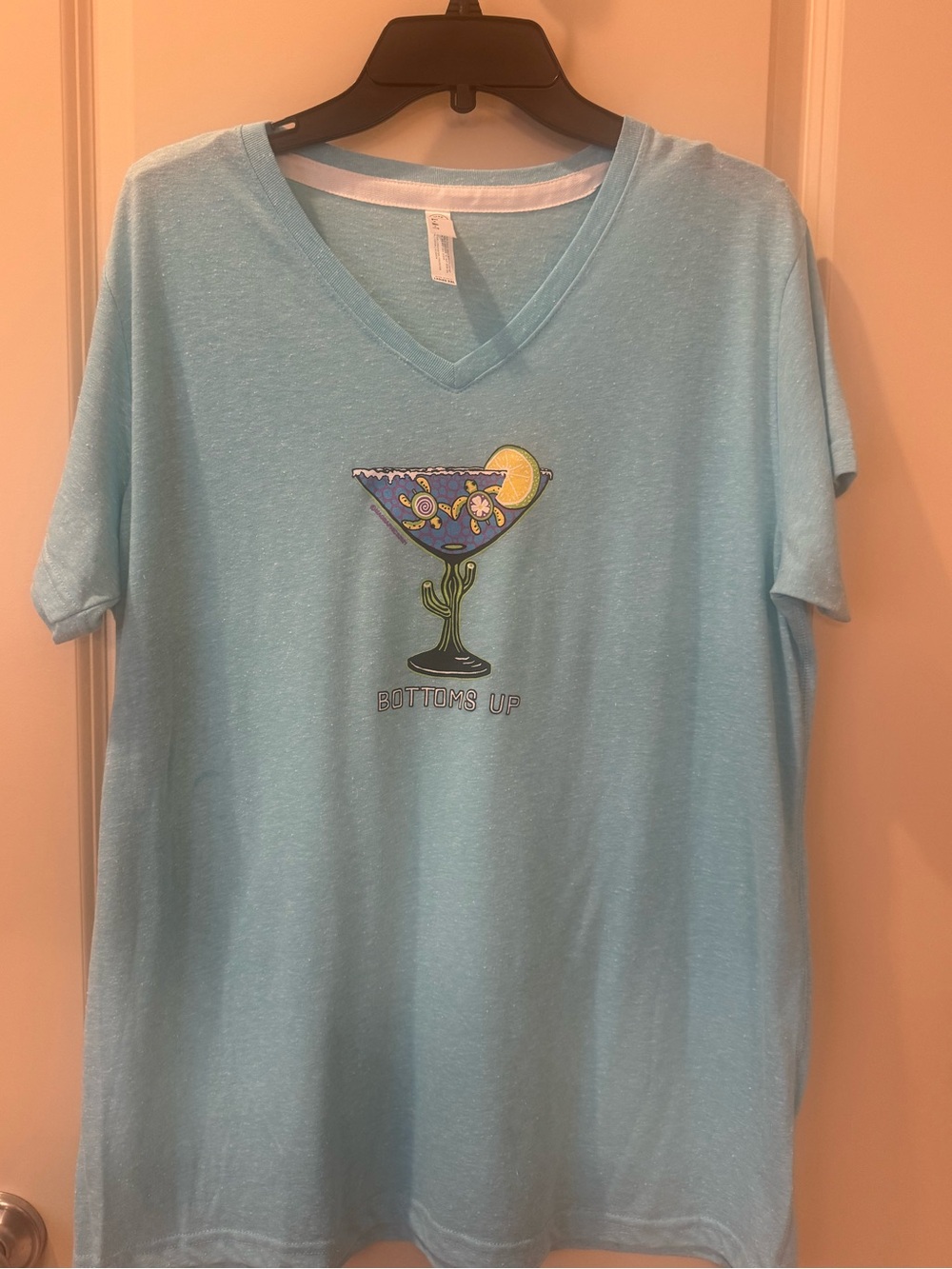 Light Aqua Blue 'Bottoms Up' Cocktail Graphic V-Neck Tee